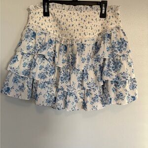 Elegant Blue Floral Ruffle Mini Skirt